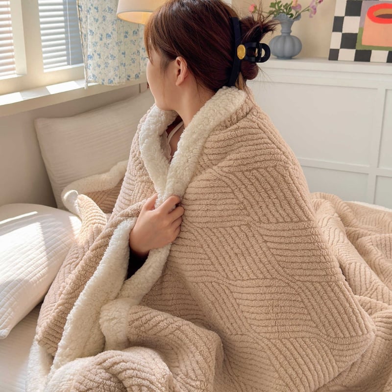 Poliestera korāla flīsa džakarda pleds, dubulti slānis, 300–500 g, visu gadalaiku lietošanai, pielāgojams