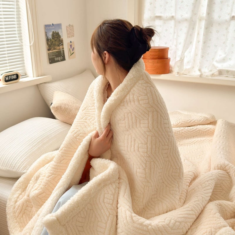 Poliestera korāla flīsa džakarda pleds, dubulti slānis, 300–500 g, visu gadalaiku lietošanai, pielāgojams