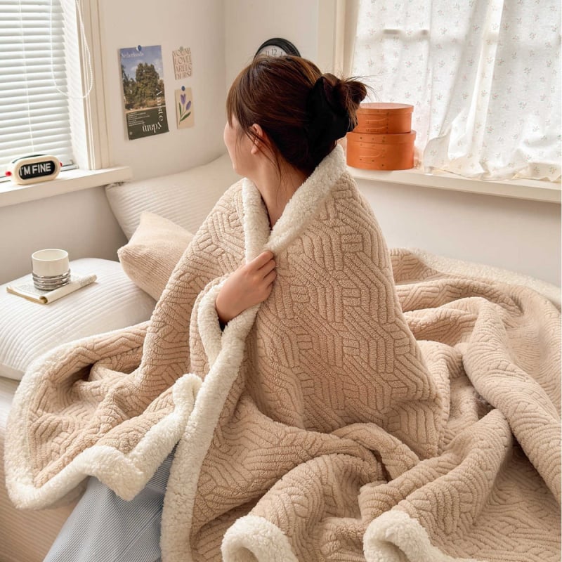 Poliestera korāla flīsa džakarda pleds, dubulti slānis, 300–500 g, visu gadalaiku lietošanai, pielāgojams