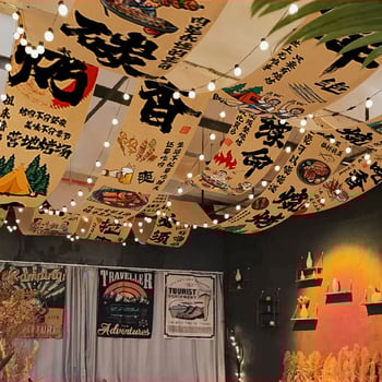 Kempinga stila griestu goblēns iekšējai dekorišanai, kokvilnas maisījuma audums, kokvilnas saturs 30–40%, taisnstūra forma, austs ar mašīnu