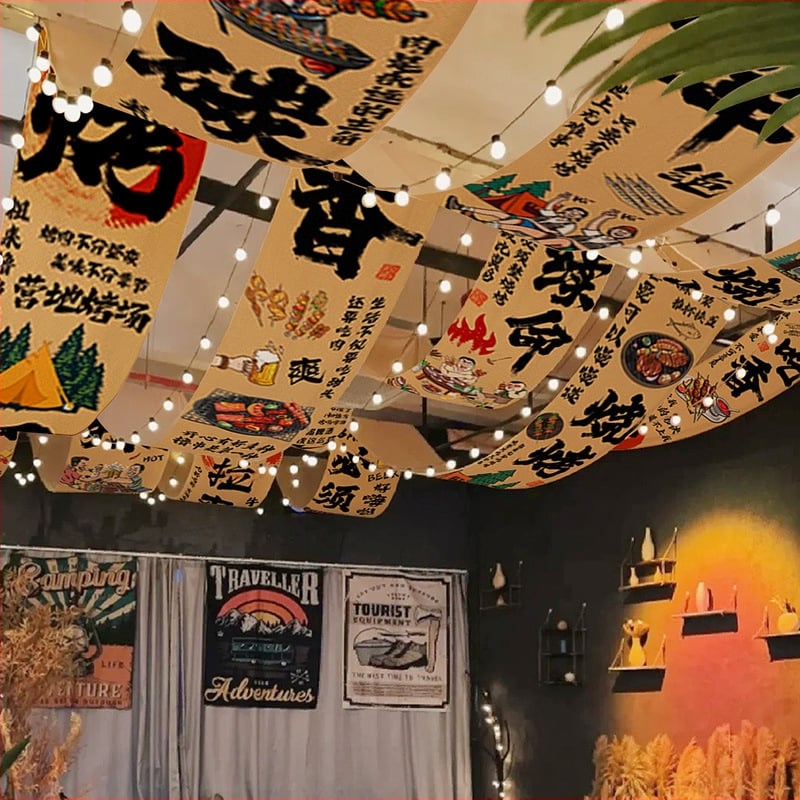 Kempinga stila griestu goblēns iekšējai dekorišanai, kokvilnas maisījuma audums, kokvilnas saturs 30–40%, taisnstūra forma, austs ar mašīnu