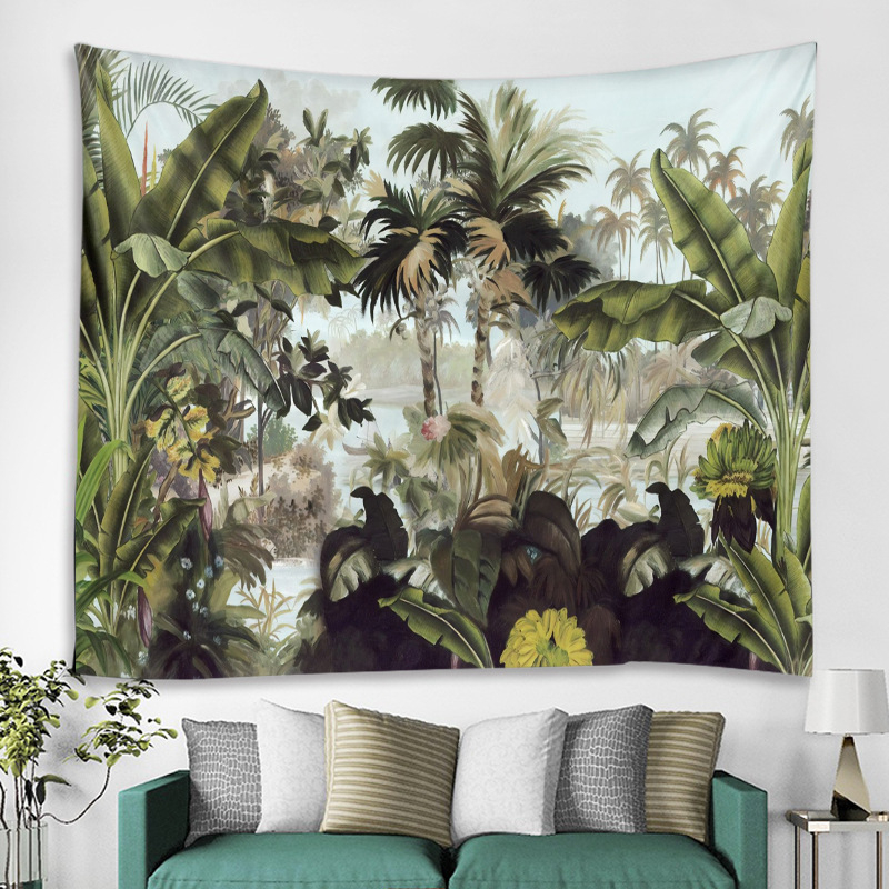 Meža tropisko augu gobelis sienu dekoriem — poliesteris, mašīnveidīgā aušana, taisnstūra forma, ainavas raksts, mazgāšana mašīnā