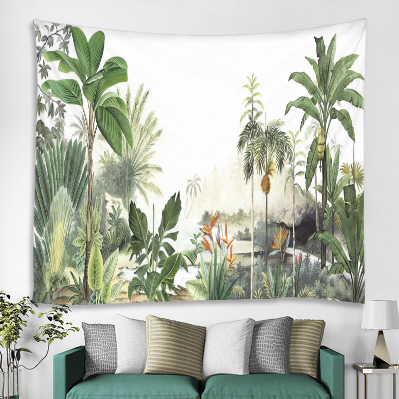 Meža tropisko augu gobelis sienu dekoriem — poliesteris, mašīnveidīgā aušana, taisnstūra forma, ainavas raksts, mazgāšana mašīnā