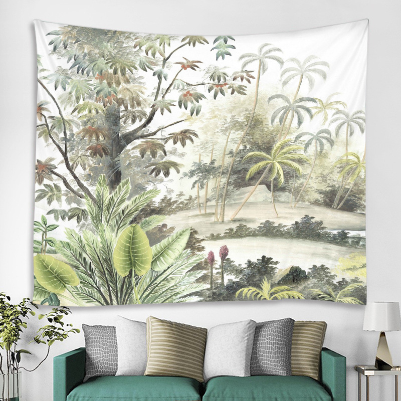 Meža tropisko augu gobelis sienu dekoriem — poliesteris, mašīnveidīgā aušana, taisnstūra forma, ainavas raksts, mazgāšana mašīnā