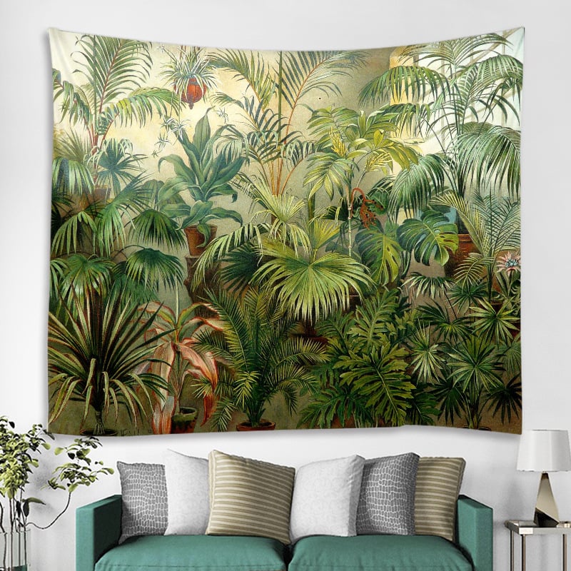 Meža tropisko augu gobelis sienu dekoriem — poliesteris, mašīnveidīgā aušana, taisnstūra forma, ainavas raksts, mazgāšana mašīnā