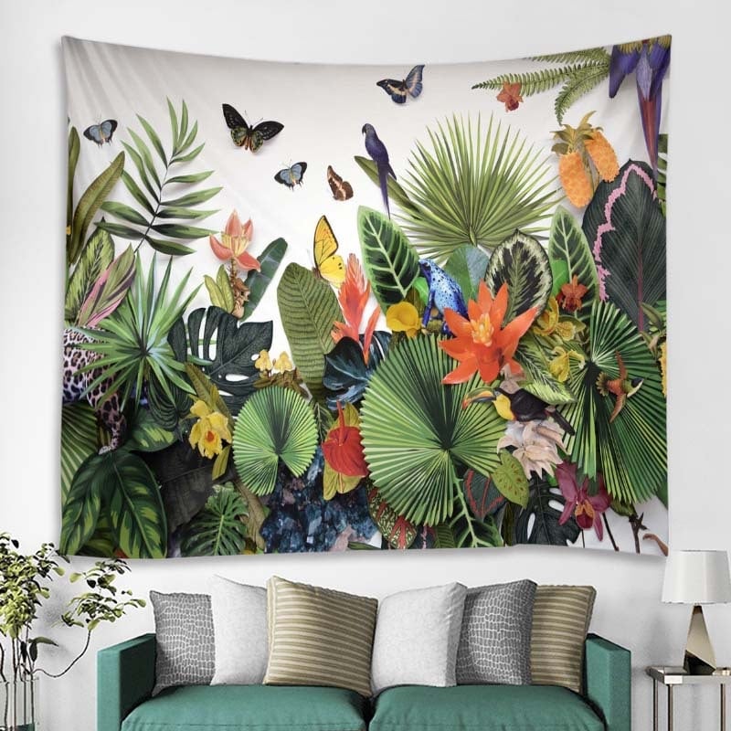 Meža tropisko augu gobelis sienu dekoriem — poliesteris, mašīnveidīgā aušana, taisnstūra forma, ainavas raksts, mazgāšana mašīnā