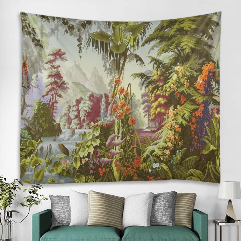 Meža tropisko augu gobelis sienu dekoriem — poliesteris, mašīnveidīgā aušana, taisnstūra forma, ainavas raksts, mazgāšana mašīnā