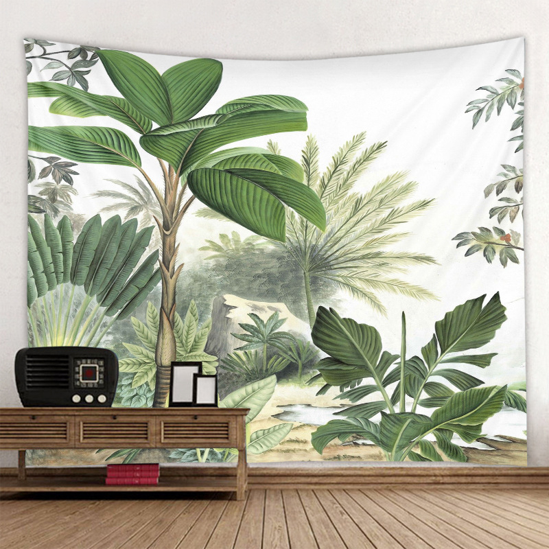 Meža tropisko augu gobelis sienu dekoriem — poliesteris, mašīnveidīgā aušana, taisnstūra forma, ainavas raksts, mazgāšana mašīnā