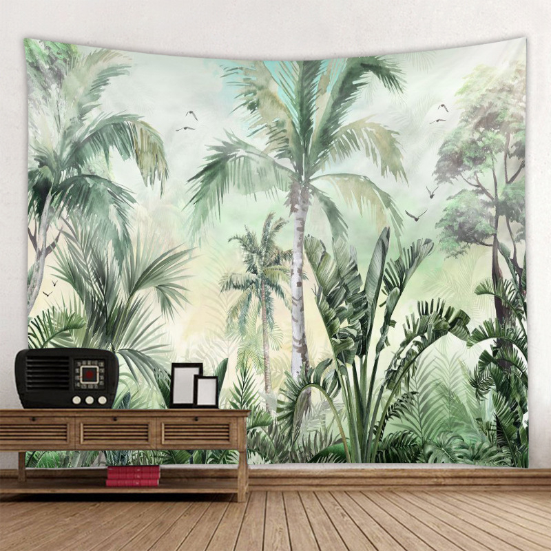 Meža tropisko augu gobelis sienu dekoriem — poliesteris, mašīnveidīgā aušana, taisnstūra forma, ainavas raksts, mazgāšana mašīnā