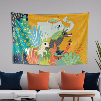 Dzīvnieku zīmējumu tapiserija animācijas stilā, poliesters, digitālais siltuma pārnešanas process, taisnstūra forma, Cartoon/Anime raksts, piemērota dzīvojamai istabai un guļamistabai