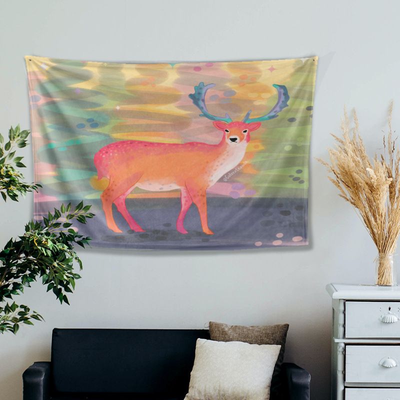 Dzīvnieku zīmējumu tapiserija animācijas stilā, poliesters, digitālais siltuma pārnešanas process, taisnstūra forma, Cartoon/Anime raksts, piemērota dzīvojamai istabai un guļamistabai