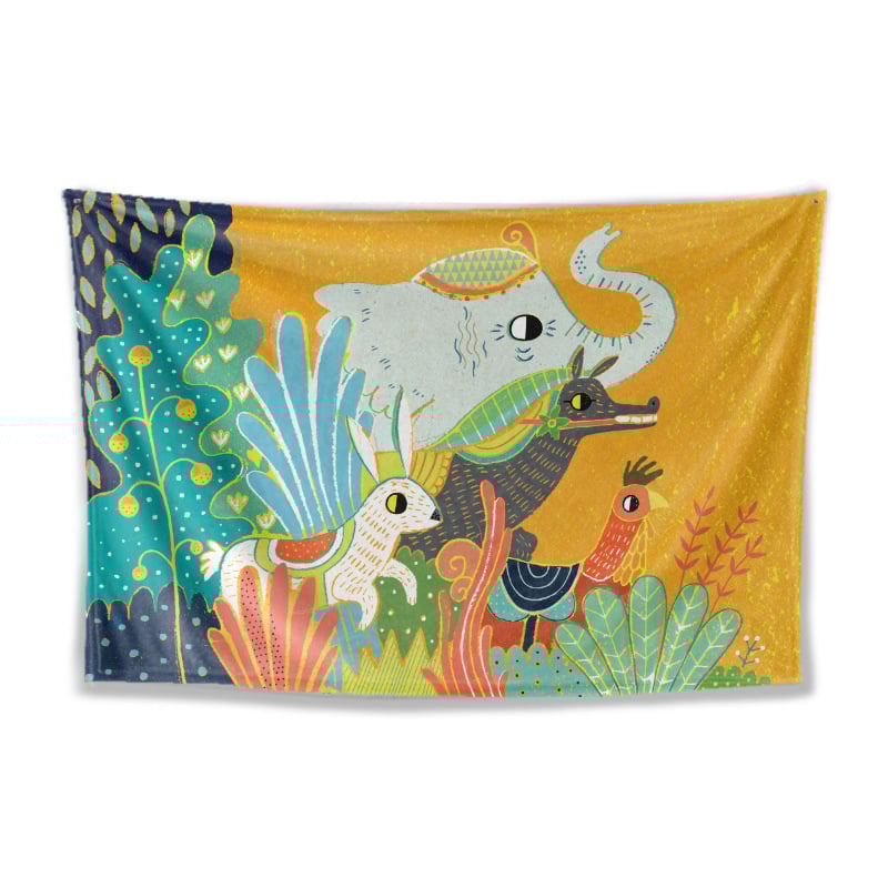 Dzīvnieku zīmējumu tapiserija animācijas stilā, poliesters, digitālais siltuma pārnešanas process, taisnstūra forma, Cartoon/Anime raksts, piemērota dzīvojamai istabai un guļamistabai