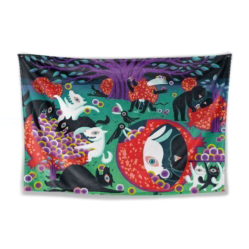 Dzīvnieku zīmējumu tapiserija animācijas stilā, poliesters, digitālais siltuma pārnešanas process, taisnstūra forma, Cartoon/Anime raksts, piemērota dzīvojamai istabai un guļamistabai