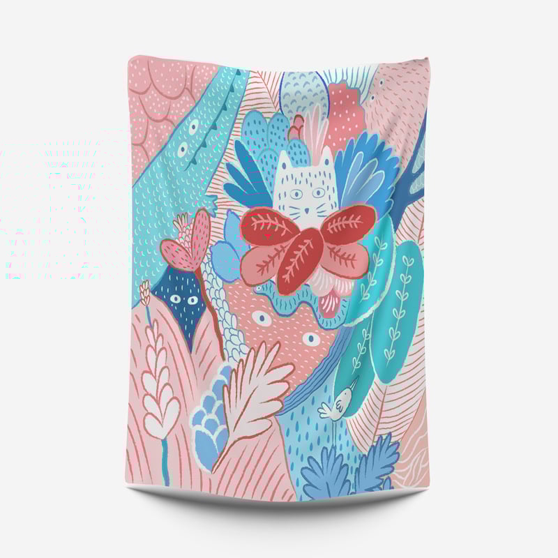 Dzīvnieku zīmējumu tapiserija animācijas stilā, poliesters, digitālais siltuma pārnešanas process, taisnstūra forma, Cartoon/Anime raksts, piemērota dzīvojamai istabai un guļamistabai