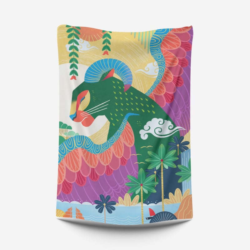 Dzīvnieku zīmējumu tapiserija animācijas stilā, poliesters, digitālais siltuma pārnešanas process, taisnstūra forma, Cartoon/Anime raksts, piemērota dzīvojamai istabai un guļamistabai