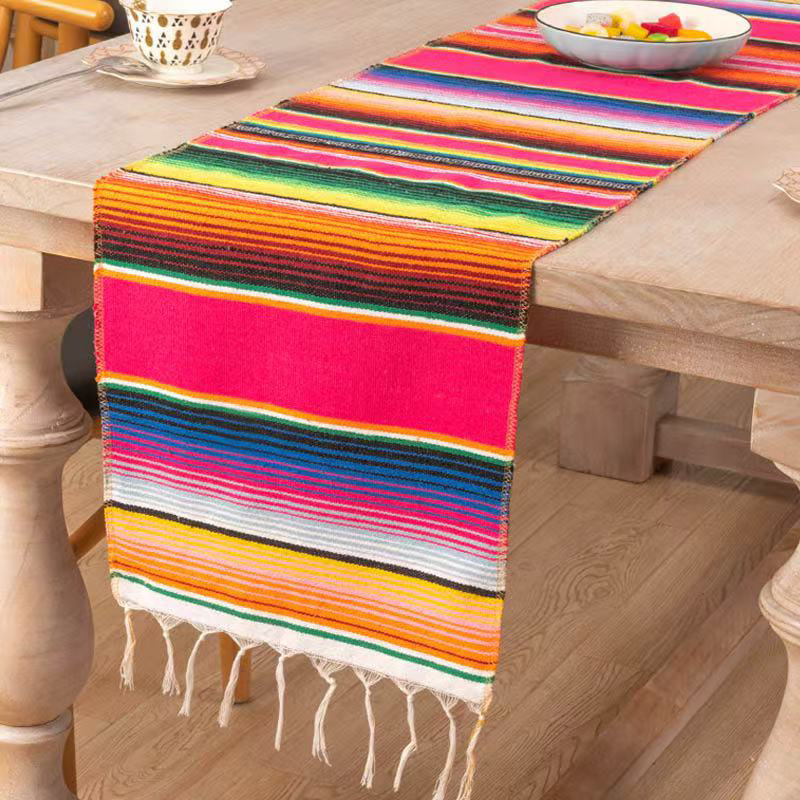 Table Runner și față de masă în stil mexican cu ciucuri – 70% poliester / 30% bumbac, potrivit pentru living, exterior și restaurante