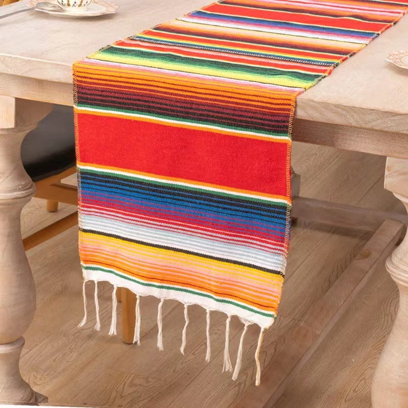 Table Runner și față de masă în stil mexican cu ciucuri – 70% poliester / 30% bumbac, potrivit pentru living, exterior și restaurante