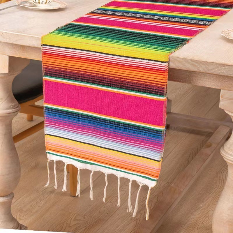 Table Runner și față de masă în stil mexican cu ciucuri – 70% poliester / 30% bumbac, potrivit pentru living, exterior și restaurante