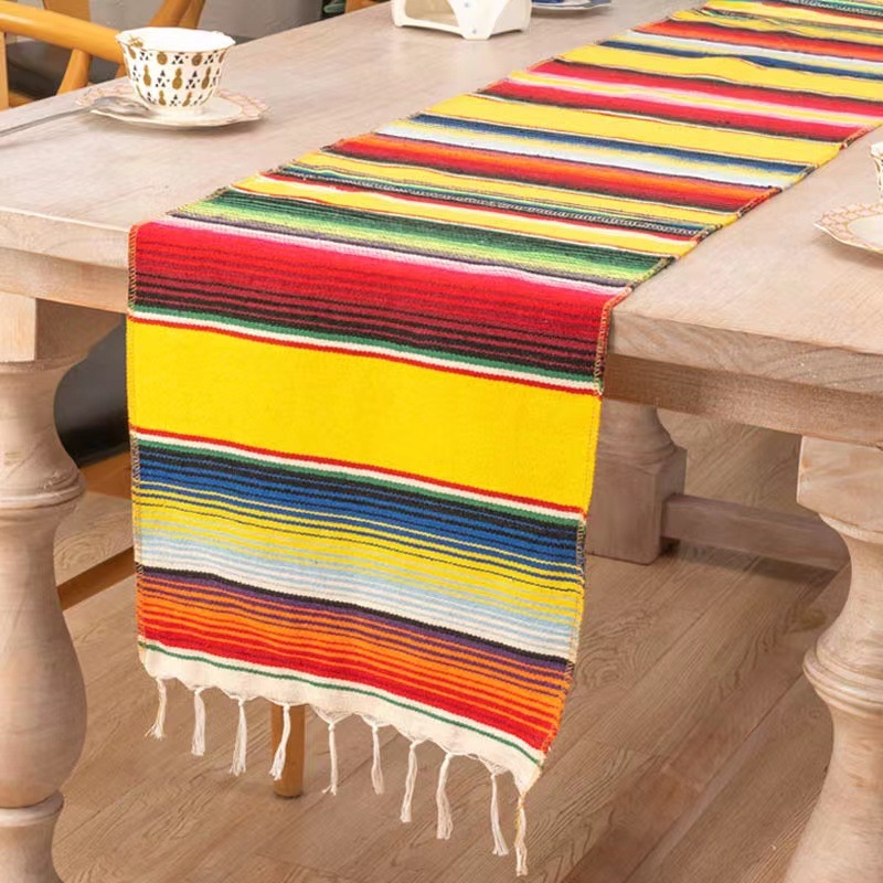 Table Runner și față de masă în stil mexican cu ciucuri – 70% poliester / 30% bumbac, potrivit pentru living, exterior și restaurante