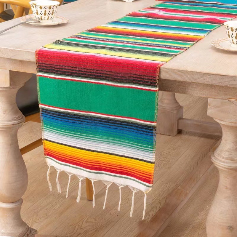 Table Runner și față de masă în stil mexican cu ciucuri – 70% poliester / 30% bumbac, potrivit pentru living, exterior și restaurante