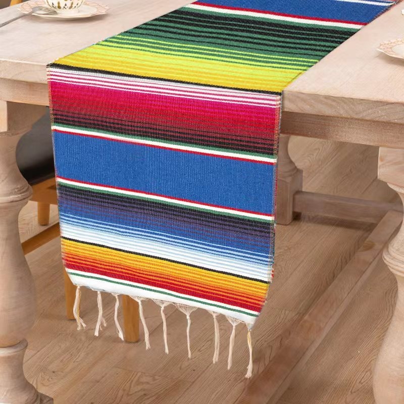 Table Runner și față de masă în stil mexican cu ciucuri – 70% poliester / 30% bumbac, potrivit pentru living, exterior și restaurante