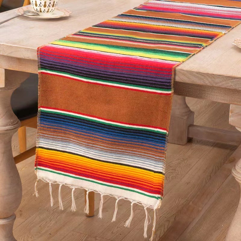 Table Runner și față de masă în stil mexican cu ciucuri – 70% poliester / 30% bumbac, potrivit pentru living, exterior și restaurante