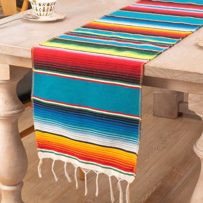 Table Runner și față de masă în stil mexican cu ciucuri – 70% poliester / 30% bumbac, potrivit pentru living, exterior și restaurante