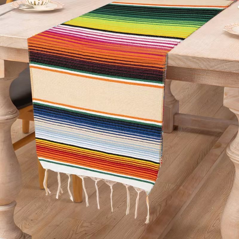 Table Runner și față de masă în stil mexican cu ciucuri – 70% poliester / 30% bumbac, potrivit pentru living, exterior și restaurante