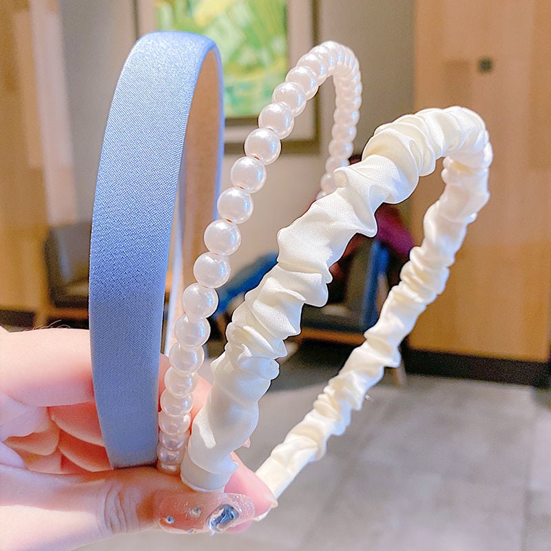 Roku darīta satīna galvas lente ar pērlītēm meitenēm - dabīgs stils, svaigs un salds