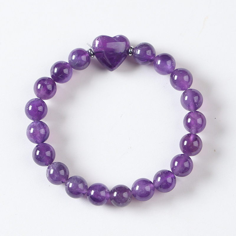 Karkötő - Szív alakú ametiszt kristály, kézzel készített gyöngyök, egyszerű uniszex stílus