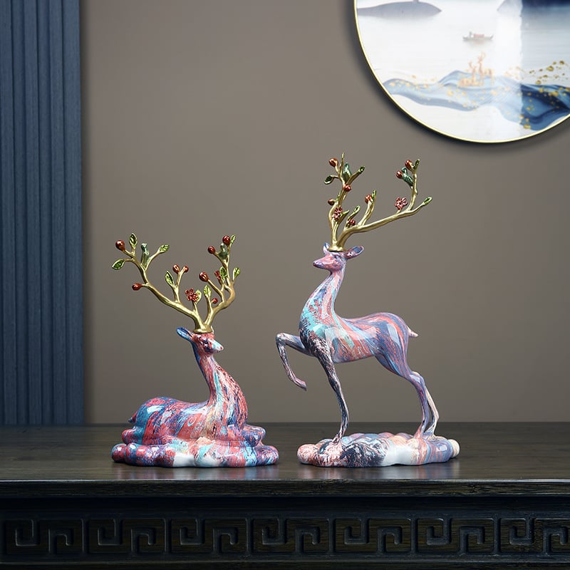 Sveķu briedis figūriņa, ķīniešu stila dekoratīvā skulptūra mājām vai birojam, ideāla dāvana