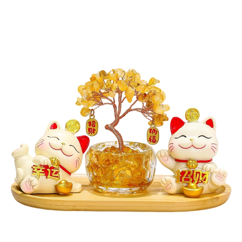 Sveķu laimes koks ar kaķi – biroja un viesistabas dekora, mūsdienīgs minimālisms stils (Materiāls: Sveķi; Stils: Mūsdienīgs minimālisms; Tēma: Citrins laimes koks ar kaķi; Kategorija: Sveķu amatniecība; Zīmols: Ruijie)