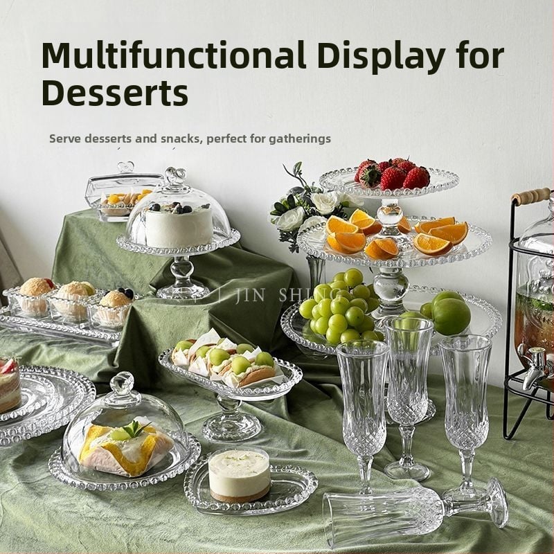 Qianka Stikla augļu un desertu demonstrācijas šķīvis, apaļš, virsma ar intarsiju, franču stils