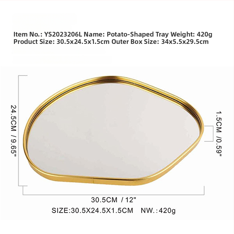 Viegls luksusa stila metāla spoguļa trauks ar daudzpusīgu neregulāru formu, pakaramais spogulis dzīvojamai istabai