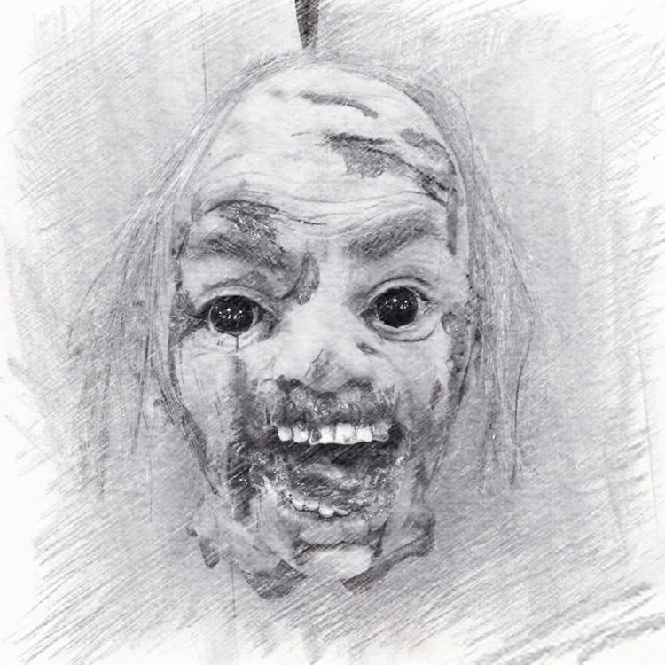 Helovyno baro dekoracija - bauginantis vaiduoklis su ilgais plaukais, Huida latex, medžiaga 109099