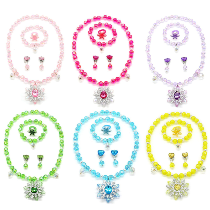 Bērnu juvelierizstrādājumu komplekts: kaklarota un rokassprādze ar sniegpārslām pērlītēm (Materiāls: Plastmasa/rezīns; Stils: Bērni; Vecums: 3–6, 6–10 un virs 10; Iepakojums: atsevišķi iepakots; Izlaiduma sezona: 2024. vasara)