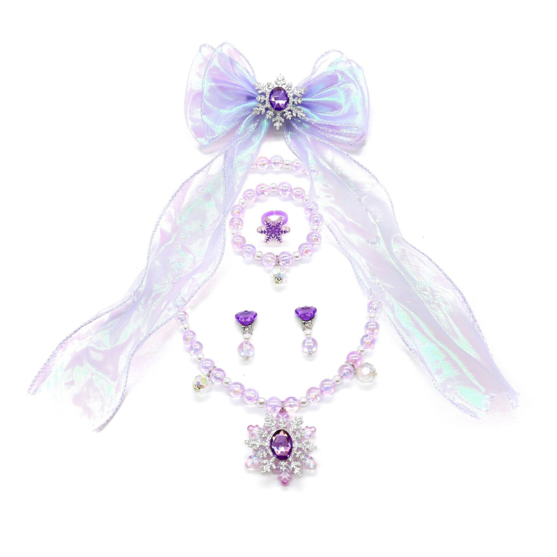 Bērnu juvelierizstrādājumu komplekts: kaklarota un rokassprādze ar sniegpārslām pērlītēm (Materiāls: Plastmasa/rezīns; Stils: Bērni; Vecums: 3–6, 6–10 un virs 10; Iepakojums: atsevišķi iepakots; Izlaiduma sezona: 2024. vasara)