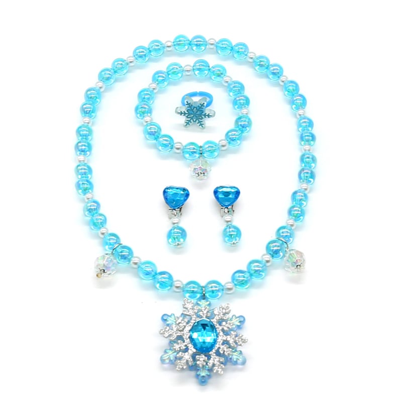 Bērnu juvelierizstrādājumu komplekts: kaklarota un rokassprādze ar sniegpārslām pērlītēm (Materiāls: Plastmasa/rezīns; Stils: Bērni; Vecums: 3–6, 6–10 un virs 10; Iepakojums: atsevišķi iepakots; Izlaiduma sezona: 2024. vasara)