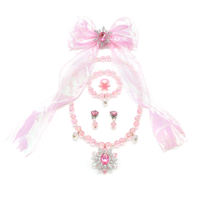 Bērnu juvelierizstrādājumu komplekts: kaklarota un rokassprādze ar sniegpārslām pērlītēm (Materiāls: Plastmasa/rezīns; Stils: Bērni; Vecums: 3–6, 6–10 un virs 10; Iepakojums: atsevišķi iepakots; Izlaiduma sezona: 2024. vasara)