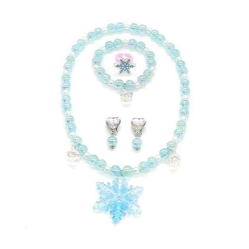 Bērnu juvelierizstrādājumu komplekts: kaklarota un rokassprādze ar sniegpārslām pērlītēm (Materiāls: Plastmasa/rezīns; Stils: Bērni; Vecums: 3–6, 6–10 un virs 10; Iepakojums: atsevišķi iepakots; Izlaiduma sezona: 2024. vasara)