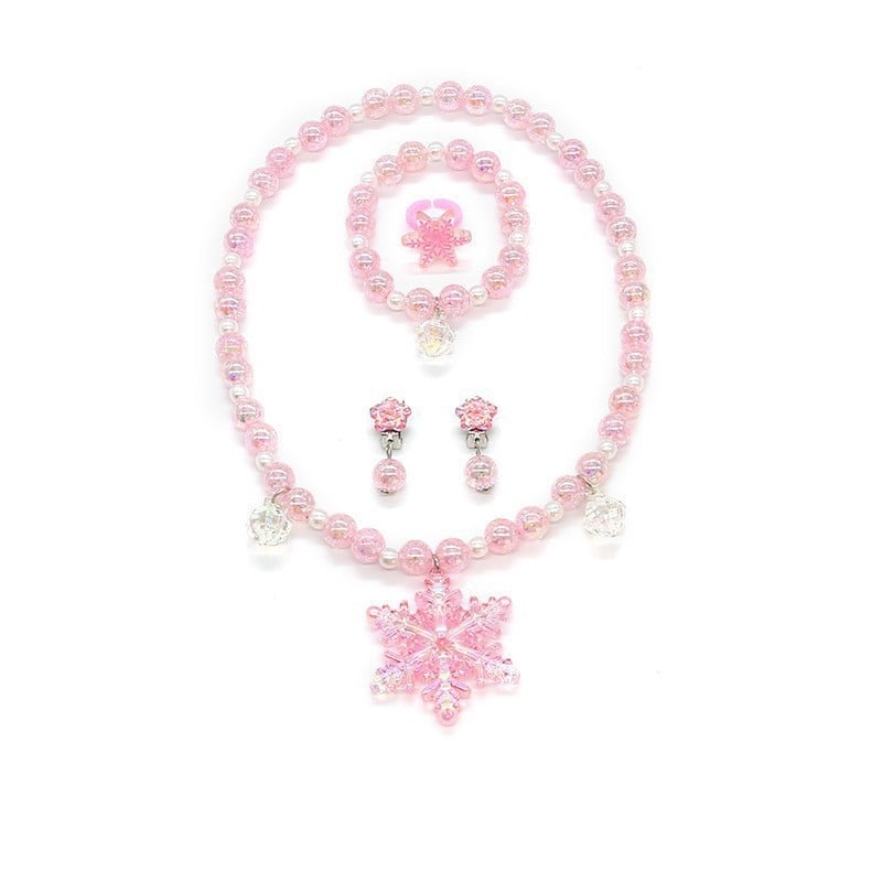 Bērnu juvelierizstrādājumu komplekts: kaklarota un rokassprādze ar sniegpārslām pērlītēm (Materiāls: Plastmasa/rezīns; Stils: Bērni; Vecums: 3–6, 6–10 un virs 10; Iepakojums: atsevišķi iepakots; Izlaiduma sezona: 2024. vasara)