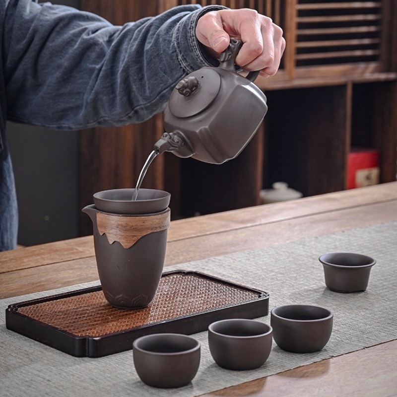 Purple Sand tējas komplekts — roku darbs ar reljefu, dāvanu komplekts 6–9 personām, gaišs luksusa retro stils