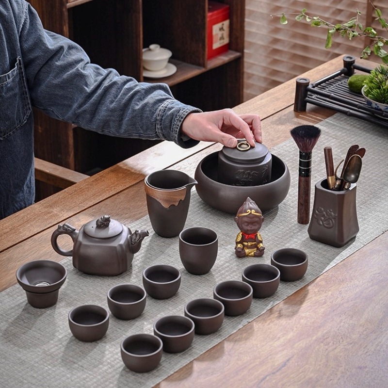 Purple Sand tējas komplekts — roku darbs ar reljefu, dāvanu komplekts 6–9 personām, gaišs luksusa retro stils