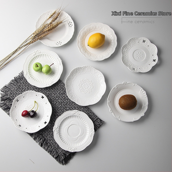 Porcelāna apļveida šķīvis kūkām un dim sum, Eiropas stila reljefs, podglazūras krāsa, mikroviļņu drošs, pielāgojams