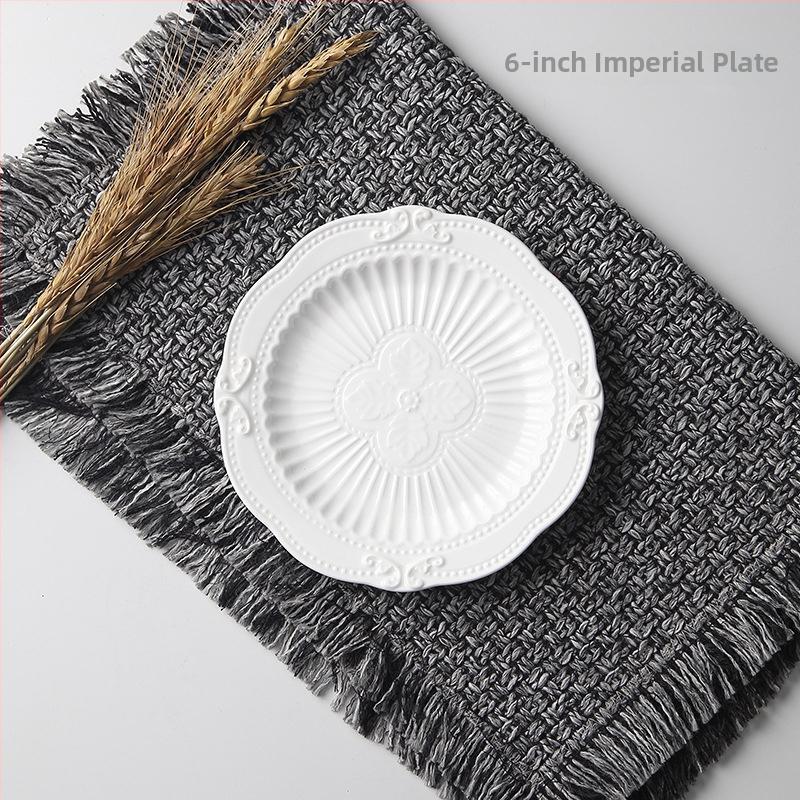 Porcelāna apļveida šķīvis kūkām un dim sum, Eiropas stila reljefs, podglazūras krāsa, mikroviļņu drošs, pielāgojams