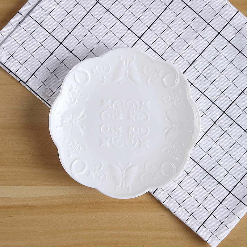 Porcelāna apļveida šķīvis kūkām un dim sum, Eiropas stila reljefs, podglazūras krāsa, mikroviļņu drošs, pielāgojams
