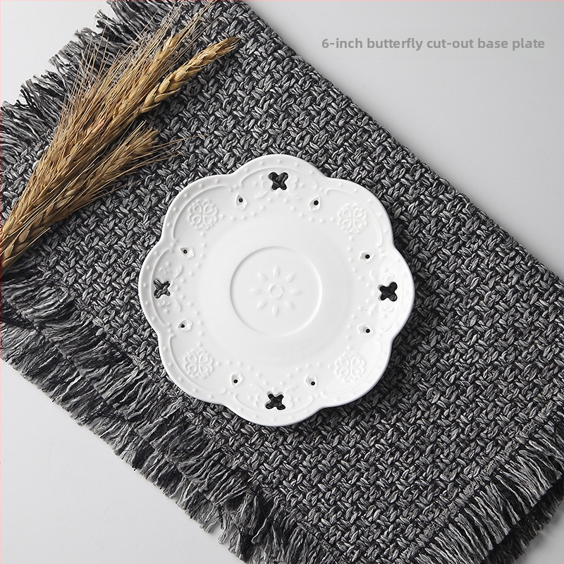 Porcelāna apļveida šķīvis kūkām un dim sum, Eiropas stila reljefs, podglazūras krāsa, mikroviļņu drošs, pielāgojams