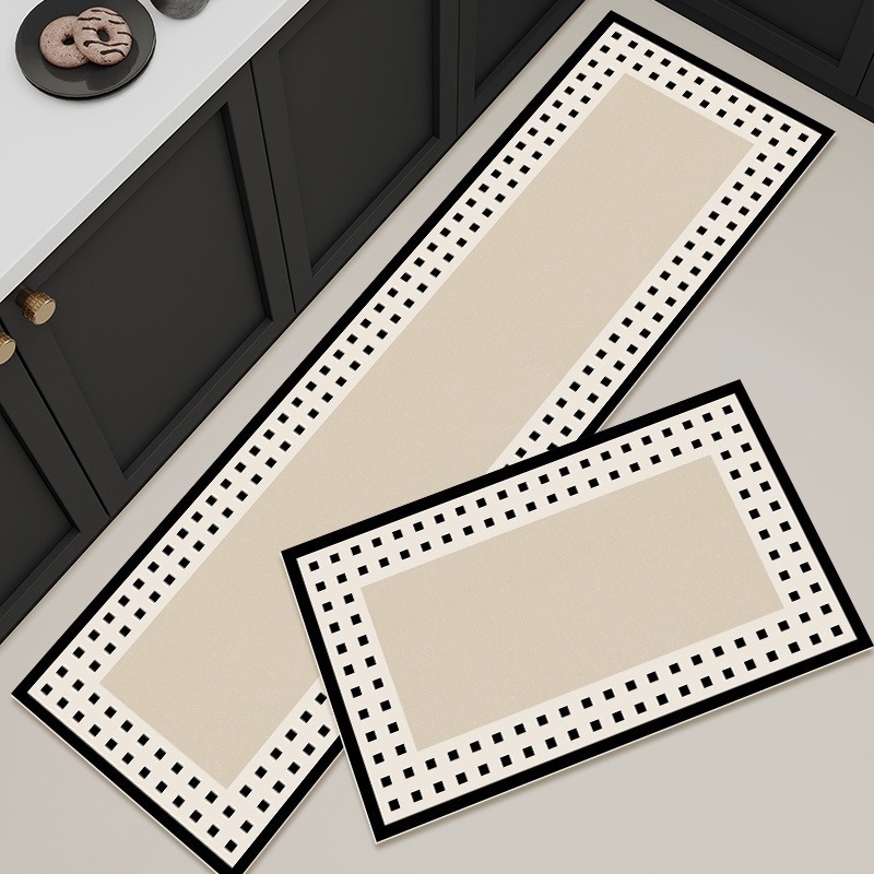 Divu gabalu virtuves grīdas paklājiņš, no poliestera šķiedras, drukāts, kvadrātformas, vienkrāsains/geometrisks raksts, mazgājams, franču stils, vieglais grezums