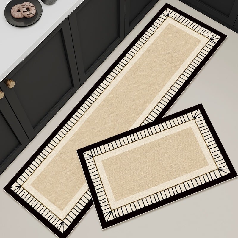 Divu gabalu virtuves grīdas paklājiņš, no poliestera šķiedras, drukāts, kvadrātformas, vienkrāsains/geometrisks raksts, mazgājams, franču stils, vieglais grezums