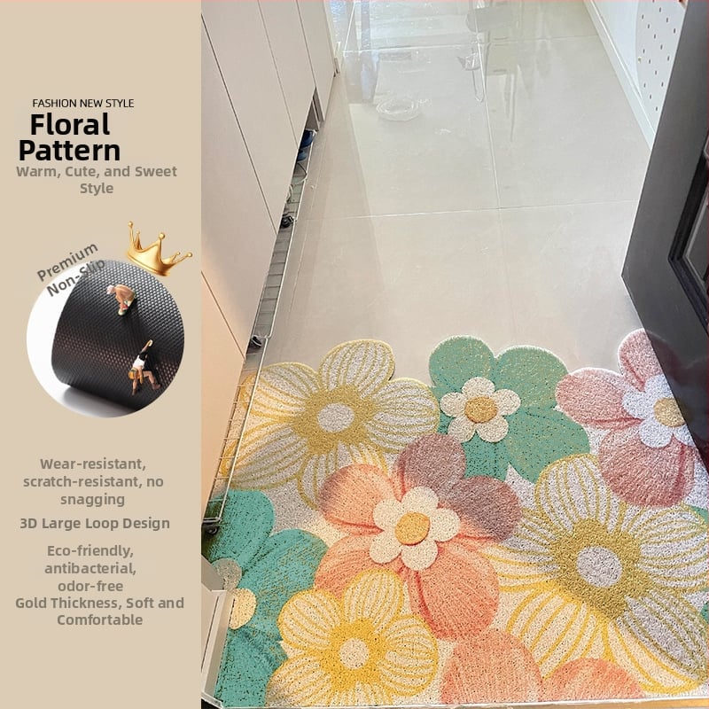 Ieejas durvju paklājs ar ziedu motīvu, materiāls: stieples cilpa, forma: ārpuszemes, stils: eļļas glezna, mazgājams